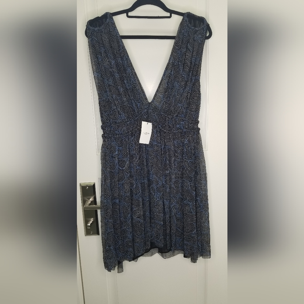 NWT Isabel Marant Etoile  Estelle Plunging V-Neck Dress Black Blue White Dots 38